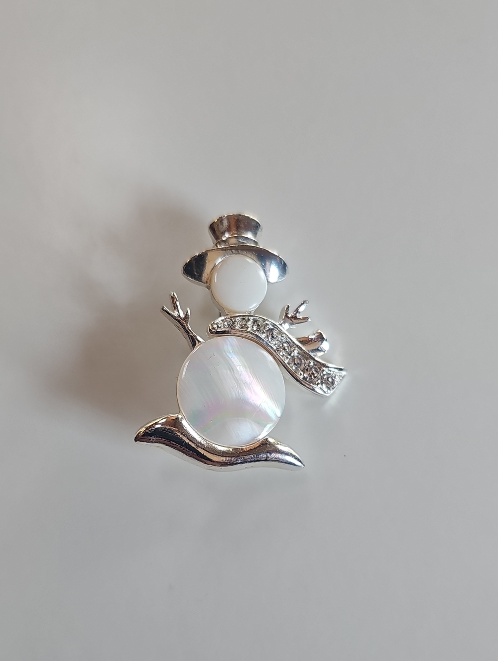 Silver Tone Mother-of-Pearl Snowman Brooch - White Accent